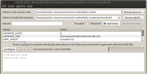 the cmake-gui tool used to build the android-cmake example